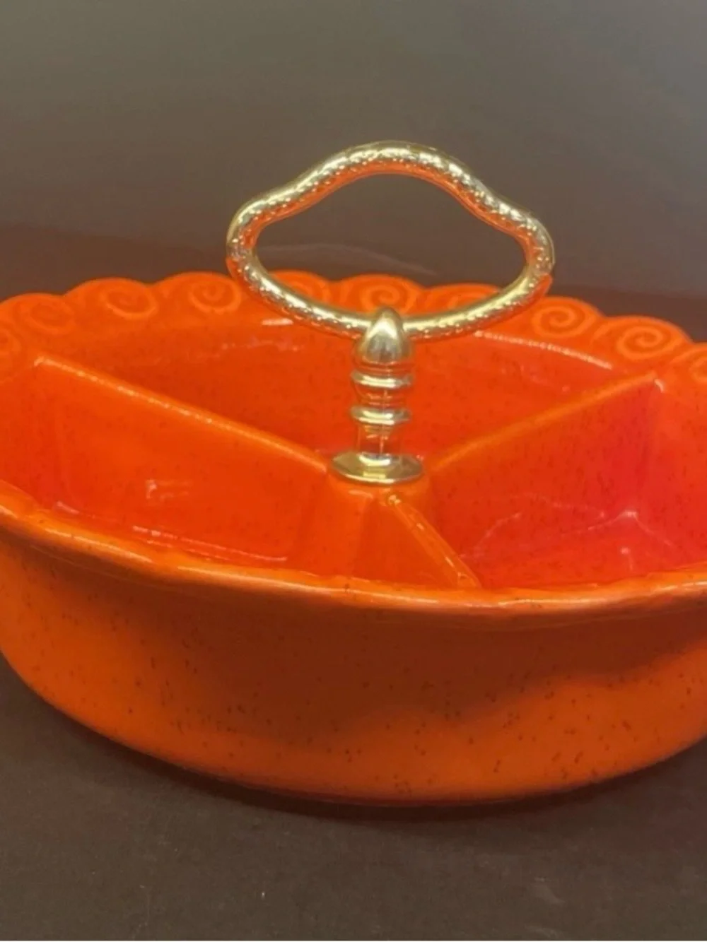 USA pottery Orange Ceramic 3-Section Serving Tray with Gold Handle MCM